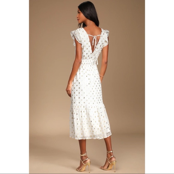 NWOT Lulus Cause to Celebrate White and Gold Dot Ruffled Tiered Midi Dress - Picture 3 of 11